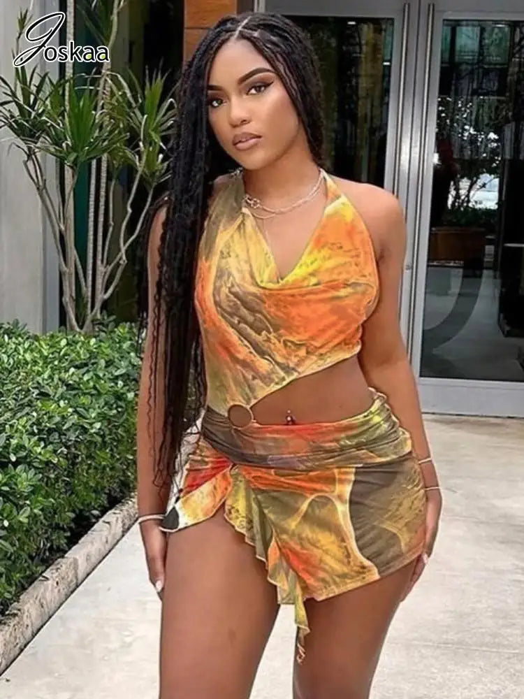 Joskaa Colorful Print Mesh Cutout Irregular Dress Women Hipster Sexy Halter Backless Split Slim Mini Dresses Holiday Wear