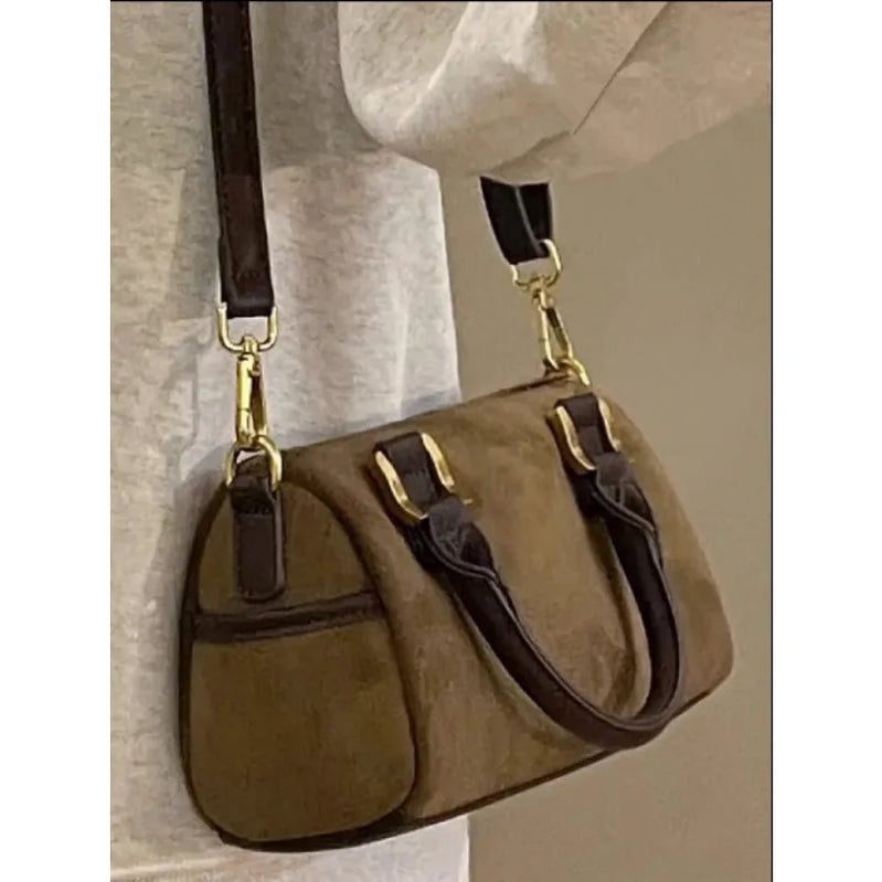 Retro Advanced Crossbody Bags Wintertime Fashion Trend Women's Portable Shoulder Bags Brown Suede Versatile Boston Bags