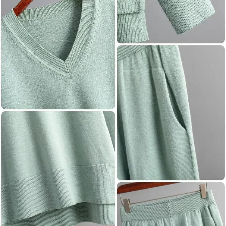 Knitted Sweater 2 Peice Set Women Winter Autumn Warm V-Neck Pullover Straight Jogging Pant Suits Casual Oversize Tracksuit Women