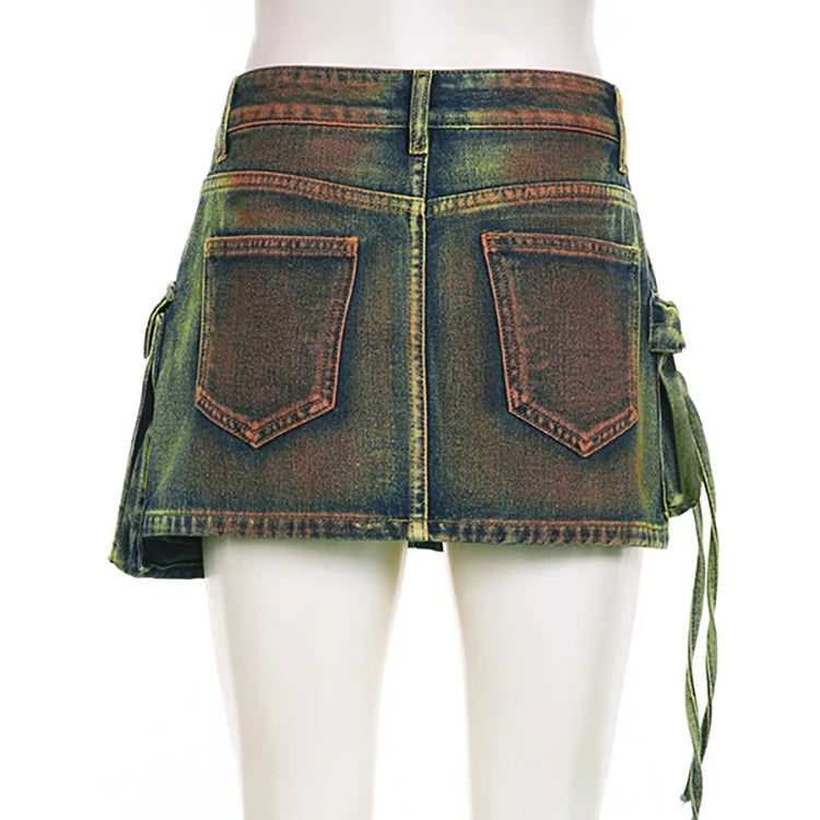 Women's Denim Skirts Tie-dye Green Irregular Spliced Multiple Pockets Cargo Mini Skirt Autumn Fashion