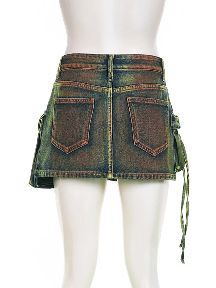 Women's Denim Skirts Tie-dye Green Irregular Spliced Multiple Pockets Cargo Mini Skirt Autumn Fashion