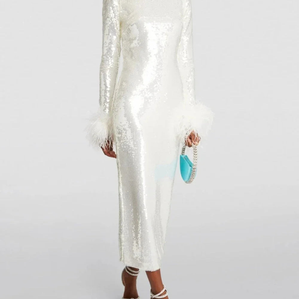 Modphy Women O Neck Long Sleeve Luxury Sequin Feather Bodycon Dress White Elegant Skinny Dress Celebrity Evening Party