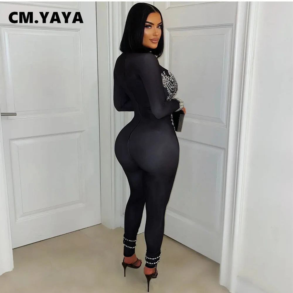 CM.YAYA Full Sleeve Women Turtleneck Jumpsuits Diamonds Hot Rhinestones Rompers One Piece Sexy Pencil Night Club Party Outfits