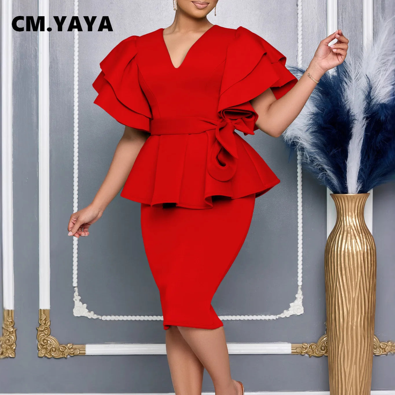 CM.YAYA Women Short Sleeve V-neck Belt High Waist Midi Dress 2025 Summer Africa OL Work Evening Sexy Party Dresses Vestidos