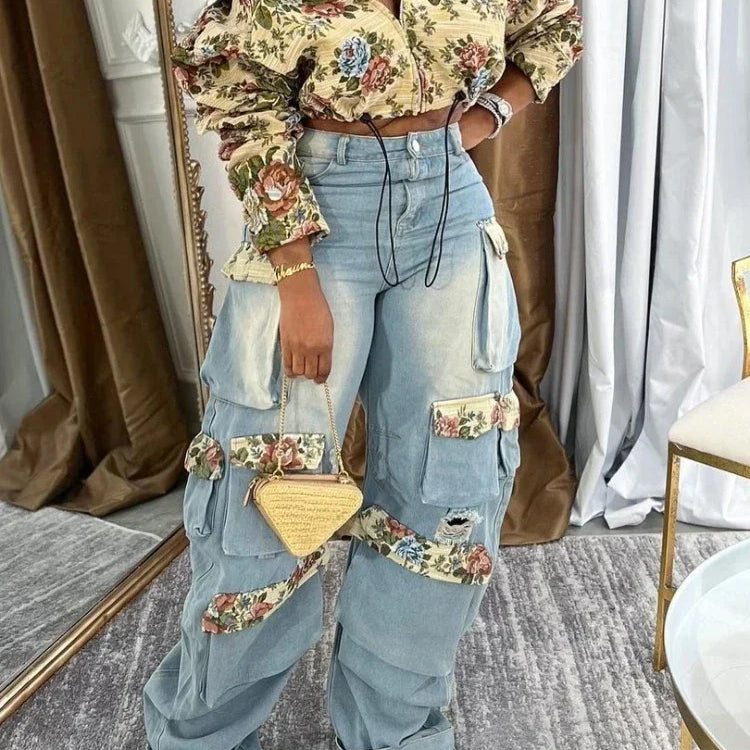 CM.YAYA Washed Denim Women's Set Full Sleeve Floral Jacket and Pockets Cargo Jeans Pants Suit 2024 Street Two 2 Piece Set Outfit Sets