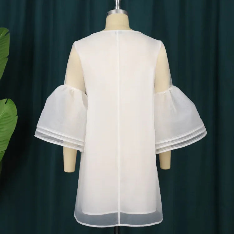 Plus Size 4XL Loose Dresses for Women White O Neck Mesh Tierred Robes Flare Sleeve Mini Gowns Party Event Occasion Outfits Fall