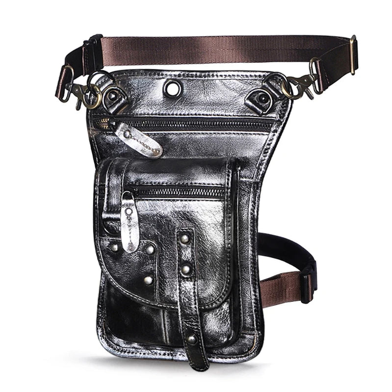 Original Leather Multifunction Men Travel Shoulder Crossbody Messenger Bag Hook Belt Waist Pack Drop Leg Phone Case Bag Silver