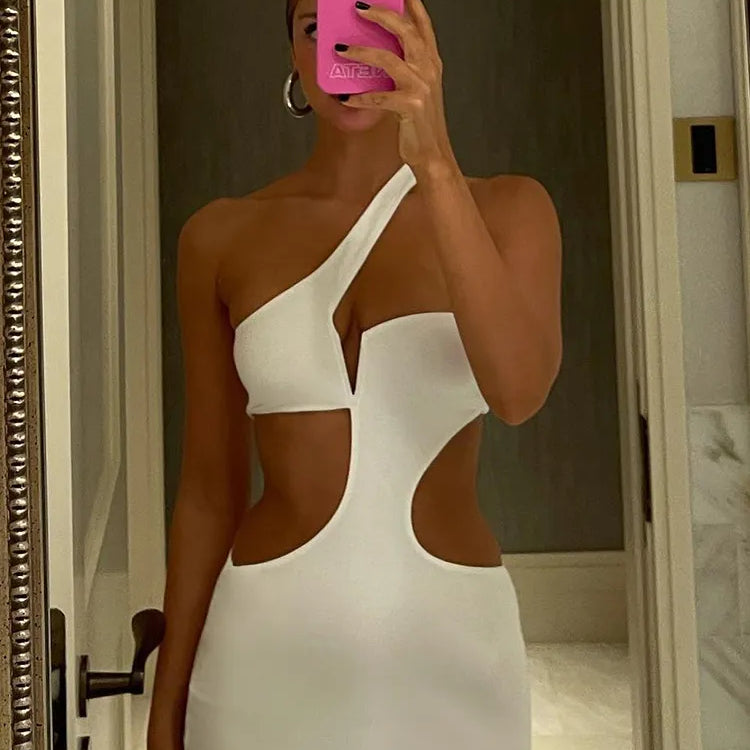 Kliou Off Shoulder Sexy Hollow Out Maxi Dress Women Concise Solid Sleeveless Body-shaping Vestido Female Evening Party Clothing