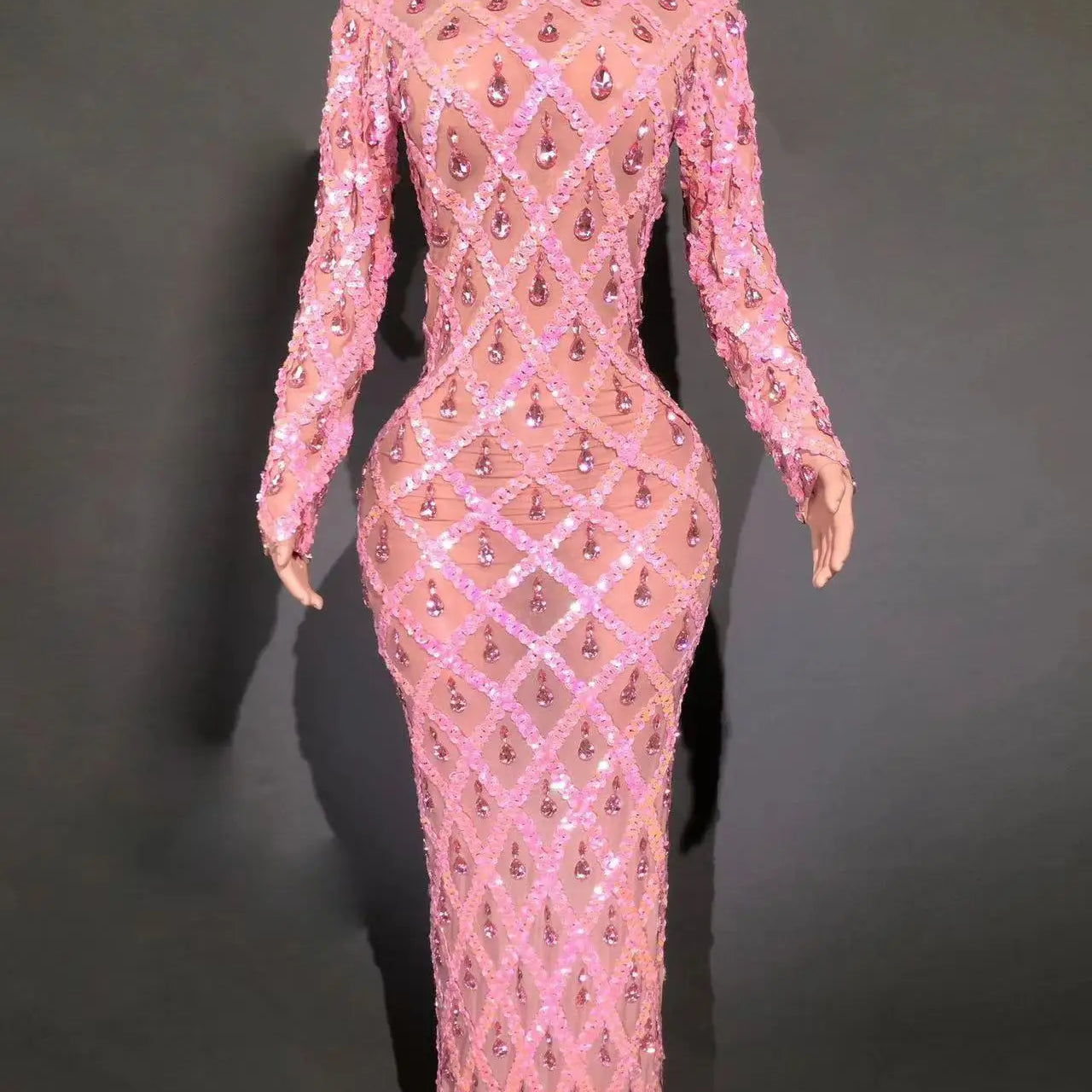 Pink Color Women Long Sleeve Sexy Mesh Big Crystal Bodycon Long Dress Celebrate Birthday Bar Singer Performance Costume Wear