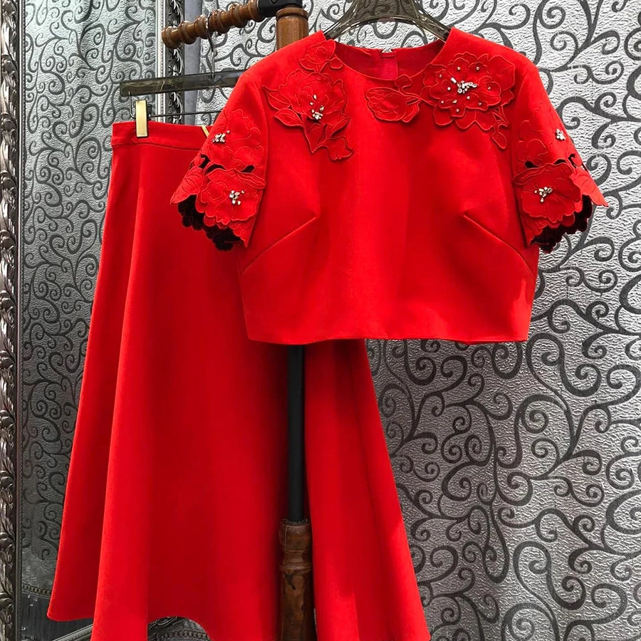 TWOTWINSTYLE Solid Fashion Two Piece Sets for Women Round Neck Short Sleeves Patcwork Applique Top High Waist Skirt Set Female