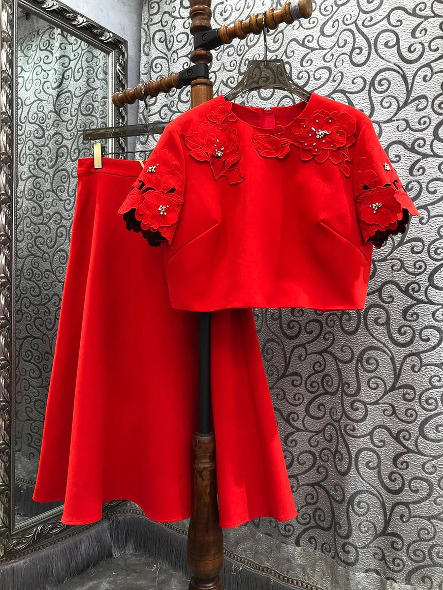 TWOTWINSTYLE Solid Fashion Two Piece Sets for Women Round Neck Short Sleeves Patcwork Applique Top High Waist Skirt Set Female