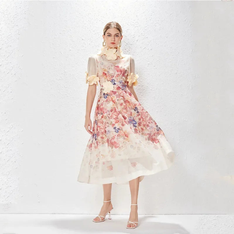 Holiday dress Spring Summer Printed Standing Collar Vestido Midi Vintage Para High End Holiday Dress Lace Women