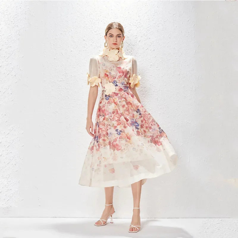 Holiday dress Spring Summer Printed Standing Collar Vestido Midi Vintage Para High End Holiday Dress Lace Women