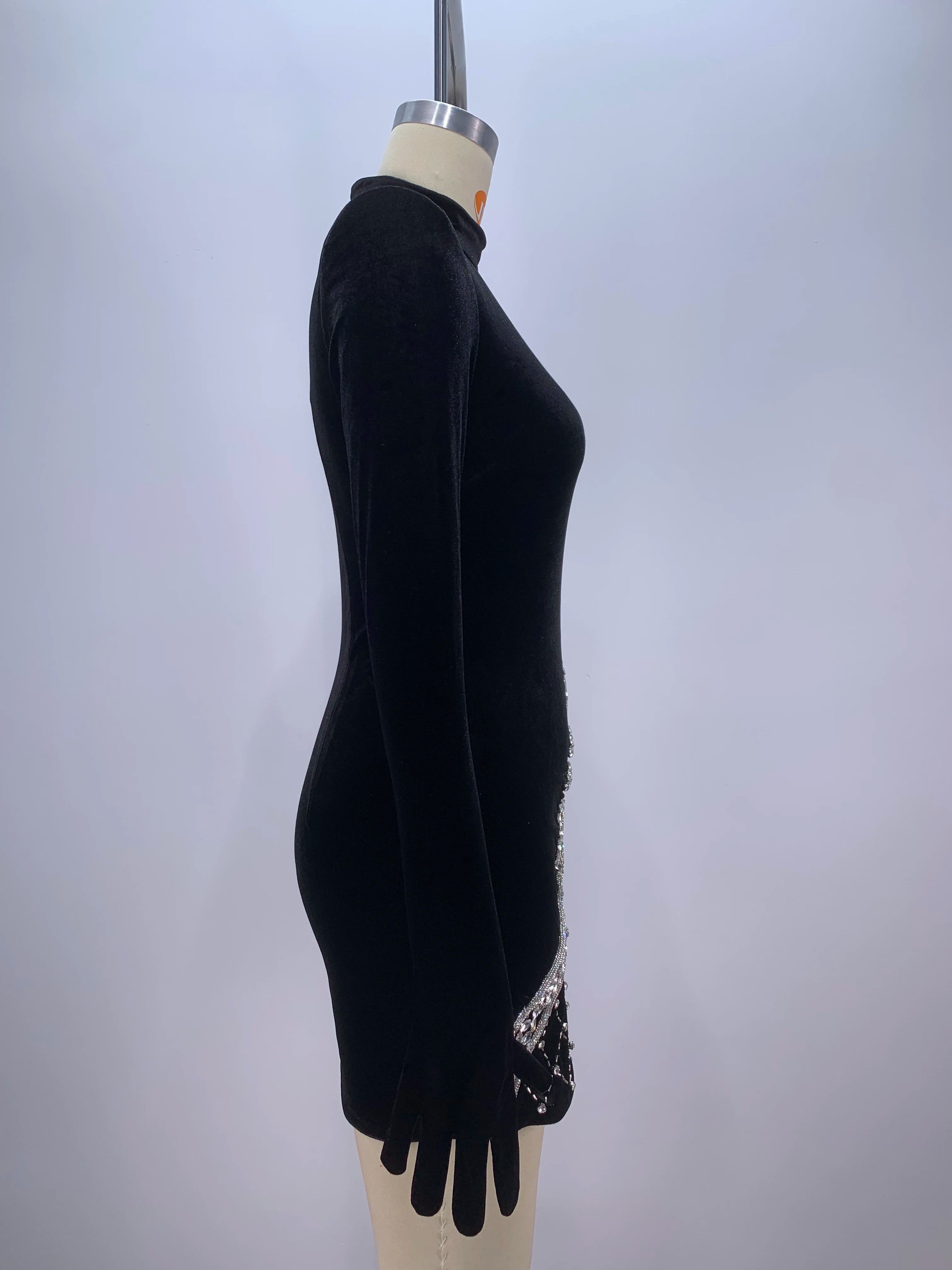 Fashion Women Long Sleeve Gloves Velvet Bodycon Mini Dress Sparkly Crystal Fashion Nightclub Party Cocktail Dress