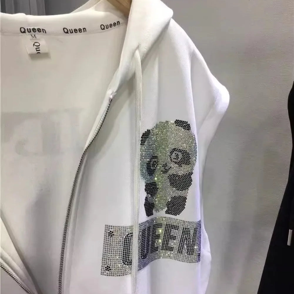 Plus Size Animal Letter Stamping Diamond Women's Jackets Sleeveless Hooded Fashion New Coat Vest Autumn Winter Female Cardigan