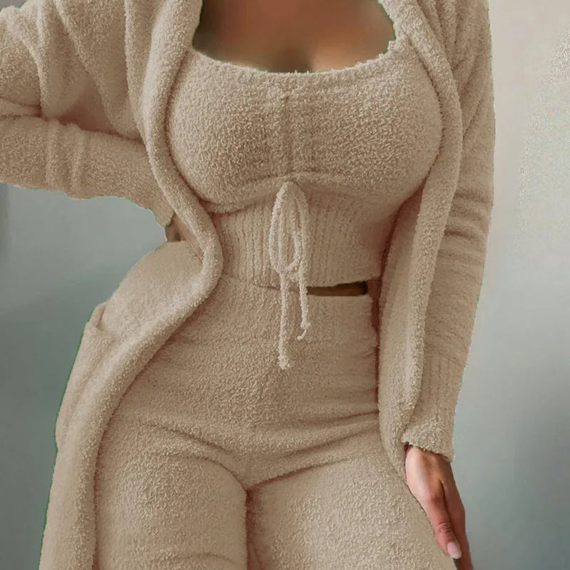 CM.YAYA 3-Piece Women Sets Plush Velvet Pajama Sleepwear Tank Tops + Pants + Cardigan Coat Tracksuit Loungewear Causal Outfits Khaki 2