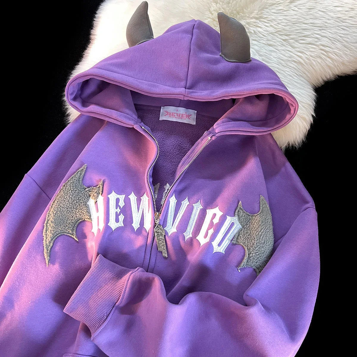 Retro Little Devil Horn Hoodies Y2k Women Letter Embroidery Zipper Hooded Sweatshirt Harajuku Casual Loose Jacket Coats purple