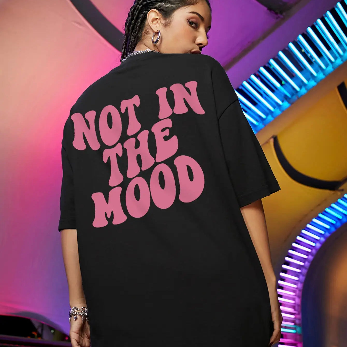Not In The Mood Pink Letter Print T-Shirts Women Summer Cotton Clothing O-Neck Oversized Short Sleeve Breathable Casual Tshirt