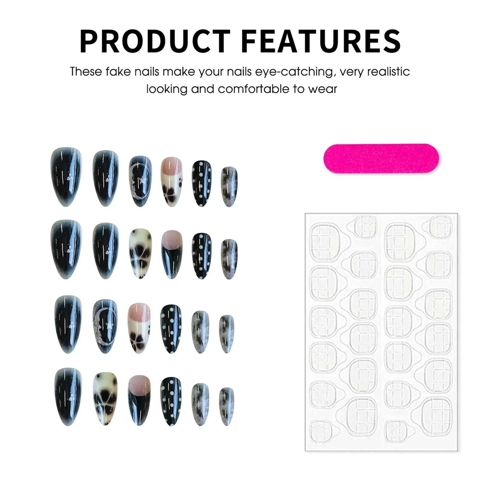 Gradient Black Almond False Nails White Dot Printed 24Pcs French Press On Nails Flower/Star Decor Stick-on Fake Nails Art