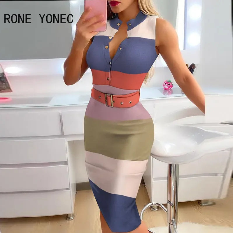 Women Chic Striped Button Decor with Belts Basic Sleeveless Midi Knitting Dresses