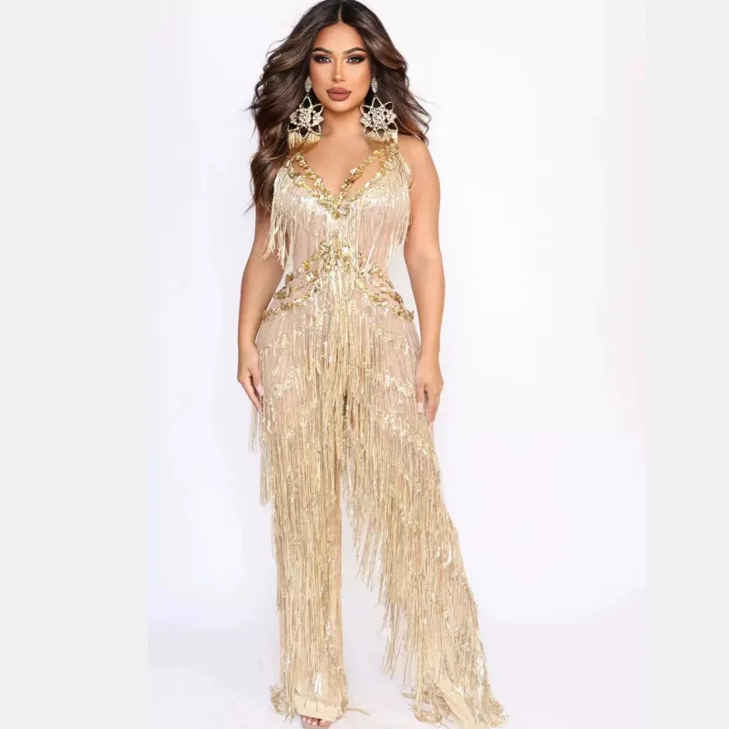 New Arrival Golden Sequins Tassle Sexy V-Neck Hollow Out Jumpsuit Fashion Woman Woman Party Outfit Stage Performance Costume