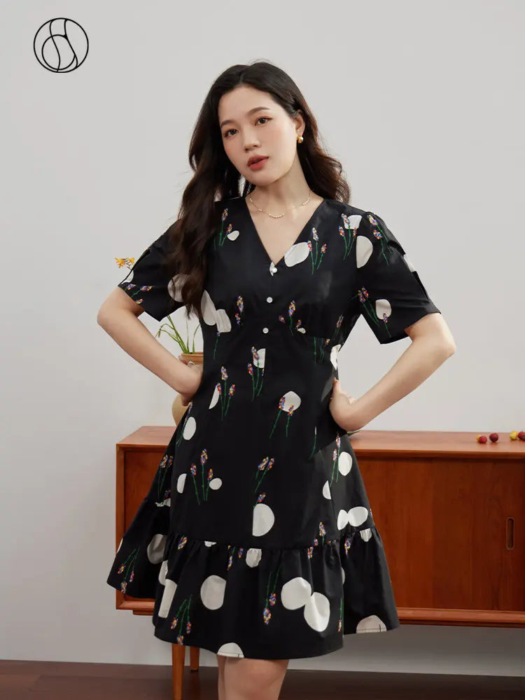 Niche Color Contrast Design Printed V-neck Dress for Women Summer Special X-shaped High Waist Light Dress Female