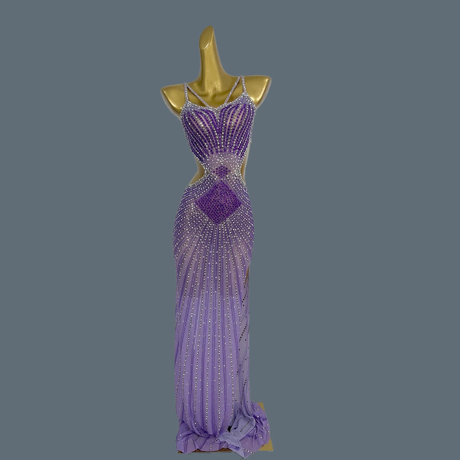 Women's Luxury Sparkly Diamond Maxi Dress Stretch Strap Bodycon Club Mesh Costume for Birthday Party Dinner Xigua