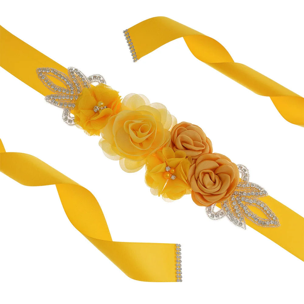 Wedding Accessories Bridal Belts Satin Flower Sash Woman Girl Belts Flower Bead Belts Floral Belt Wedding Rhinestone Flower Belt 1-Ginger yellow