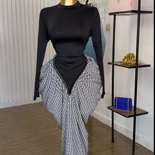 CM.YAYA Women Print Patchwork Stacked Ruched Long Sleeve Bodycon Midi Maxi Long Dress 2025 Birthday Vacation Sexy Party Dresses