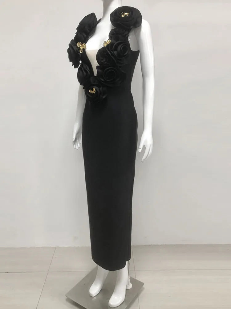 Vestido longo, sexy, com decote em V profundo e flores, estilo celebridade, preto, longo, bandagem justa, elegante, para festa noturna, 2025