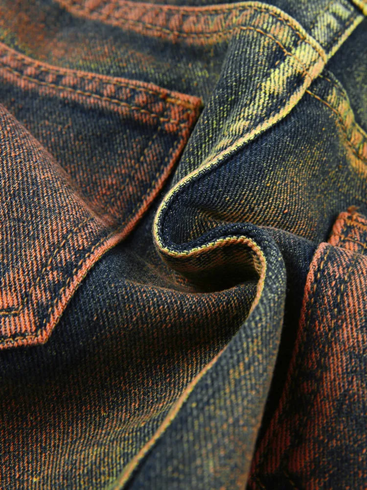 Women's Denim Skirts Tie-dye Green Irregular Spliced Multiple Pockets Cargo Mini Skirt Autumn Fashion