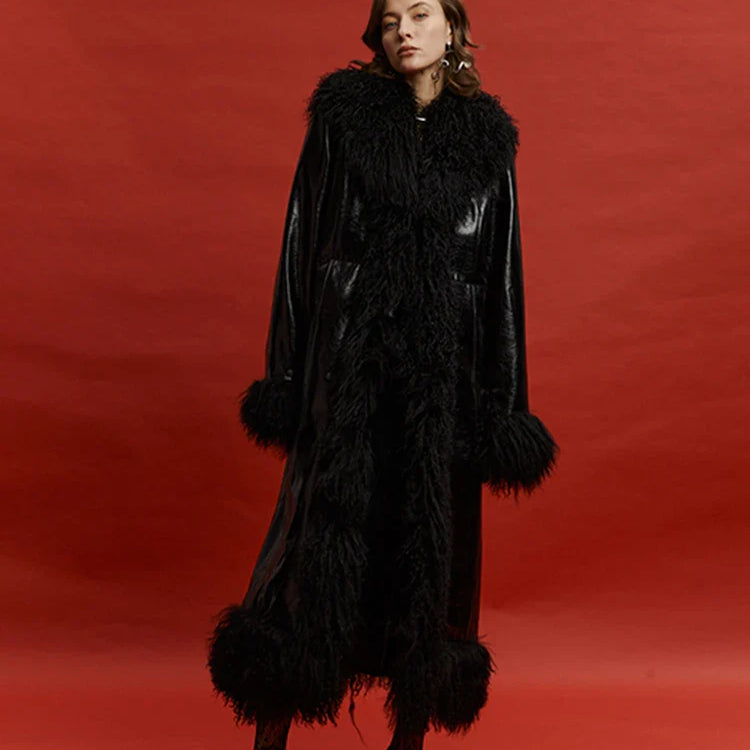 Spring Autumn Long Black Shiny Patent Pu Leather Coat Women with Faux Fur Trim Luxury Designer Clothing European Fashion Black