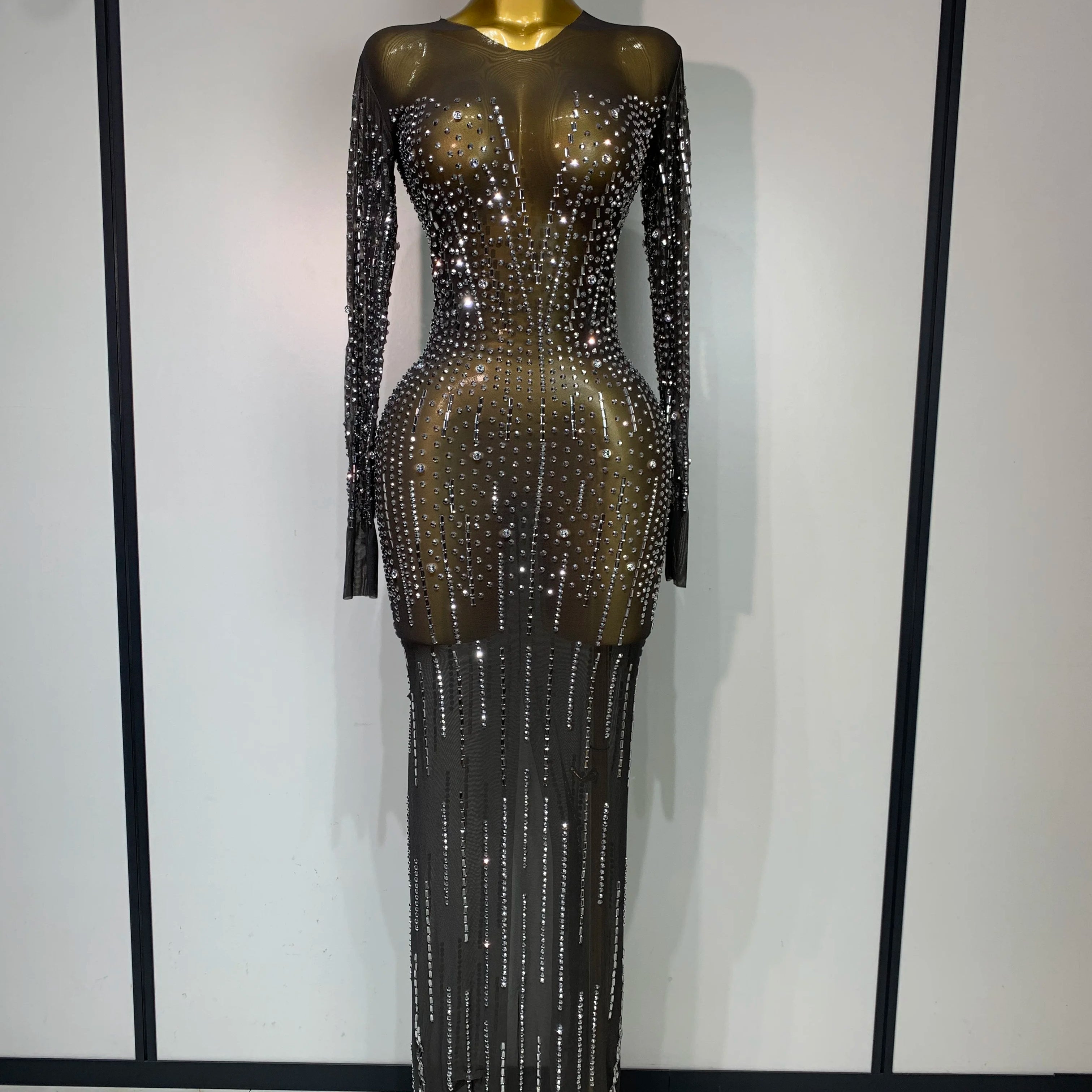 Women Sexy Long Sleeve Mesh See Through Dress 2025 Elegant Evening Party Luxury Birthday Club Rhinestone Performance Costume