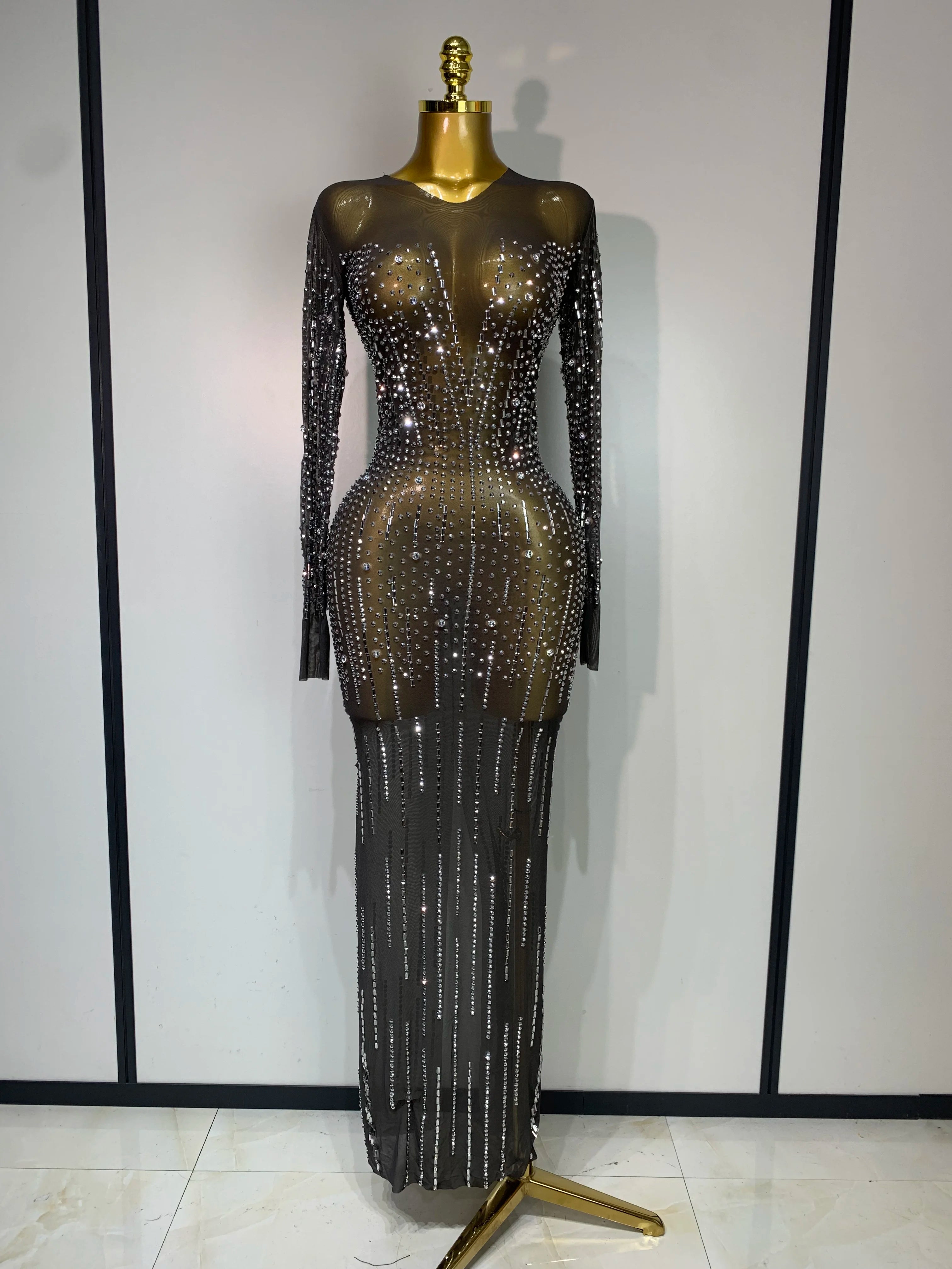 Women Sexy Long Sleeve Mesh See Through Dress 2025 Elegant Evening Party Luxury Birthday Club Rhinestone Performance Costume