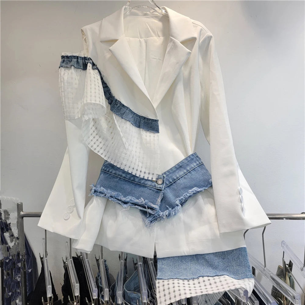 TWOTWINSTYLE Colorblock Hollow Out Jackets For Women Notched Collar Long Sleeve Patchwork Denim Vintage Jacket Female Clothing