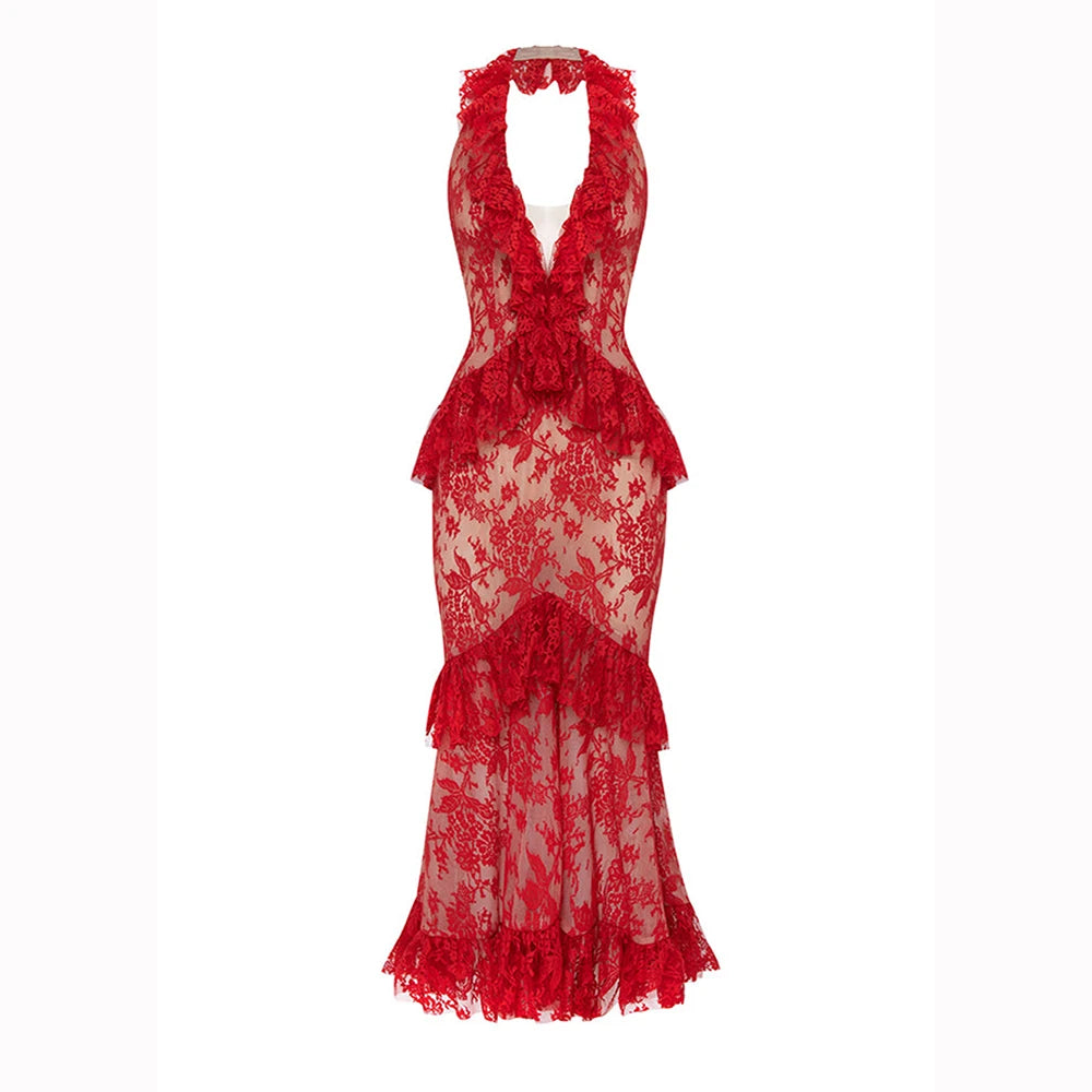Sexy Lace Midi Halter Dress Women Red Ruffle Backless Sleeveless Party Dresses 2025 Summer Lady Vacation Robes New