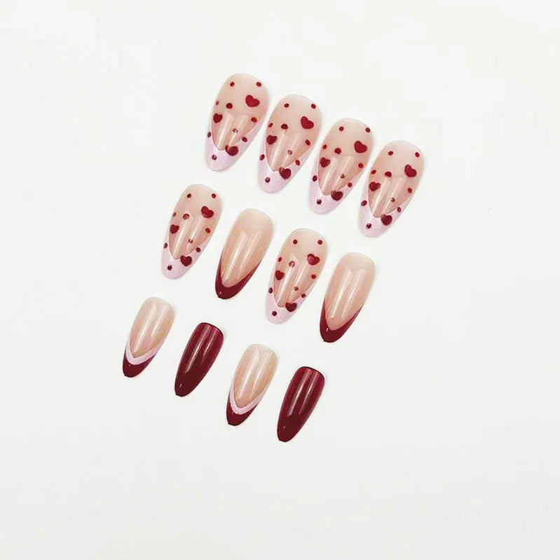 White French Fake Nails Nude Color Short Square Press On Nail Red Love Heart/Star/Dot Printed Women Valentine's Day DIY Manicure
