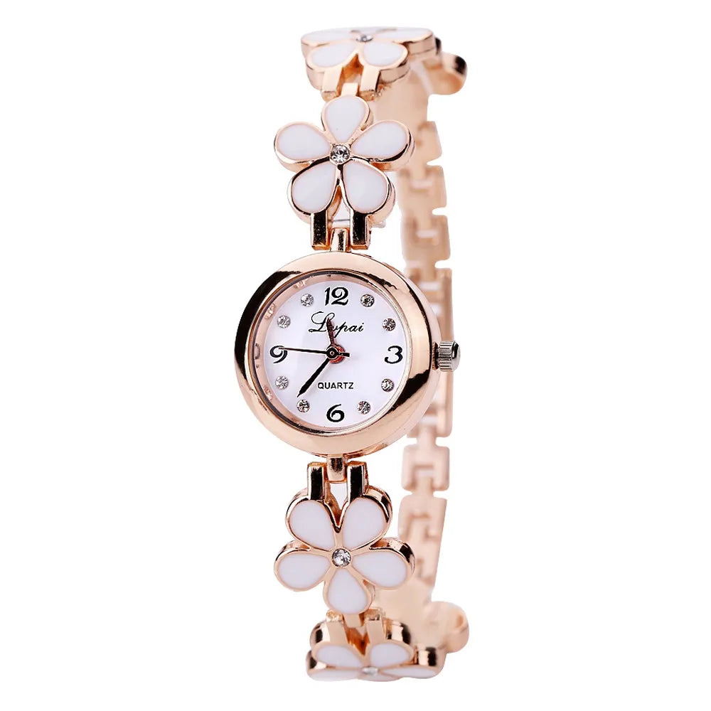 Fashion Small Watches Women Luxury Rhinestone Flower Bracelet Stainless Steel Watchband Dress Female Clock relogio feminino White