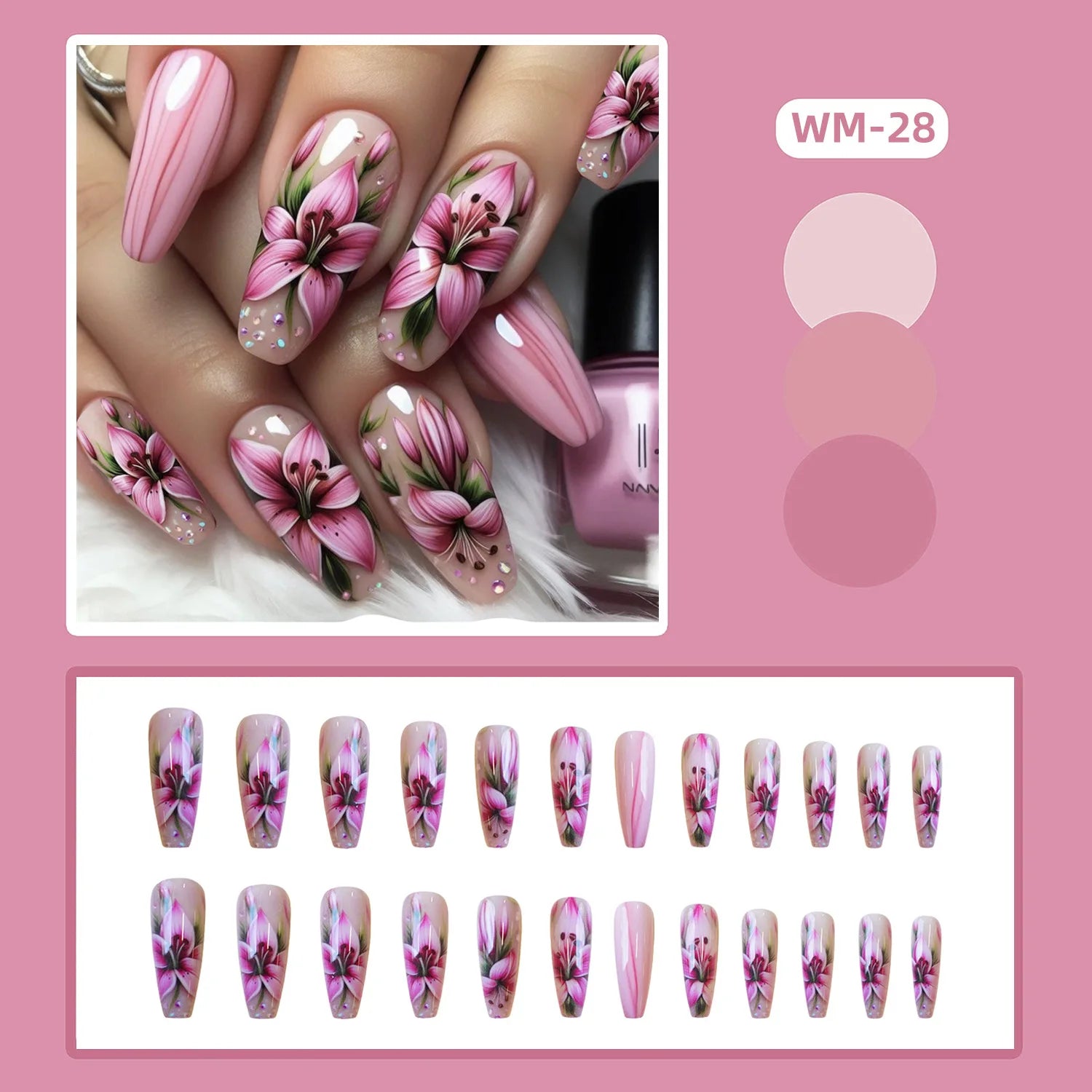 24pcs Classical Flowers Press on Nails Watercolor Butterflys Flowers Print False Nails Wearable Spicy Girls Fake Nails for Women