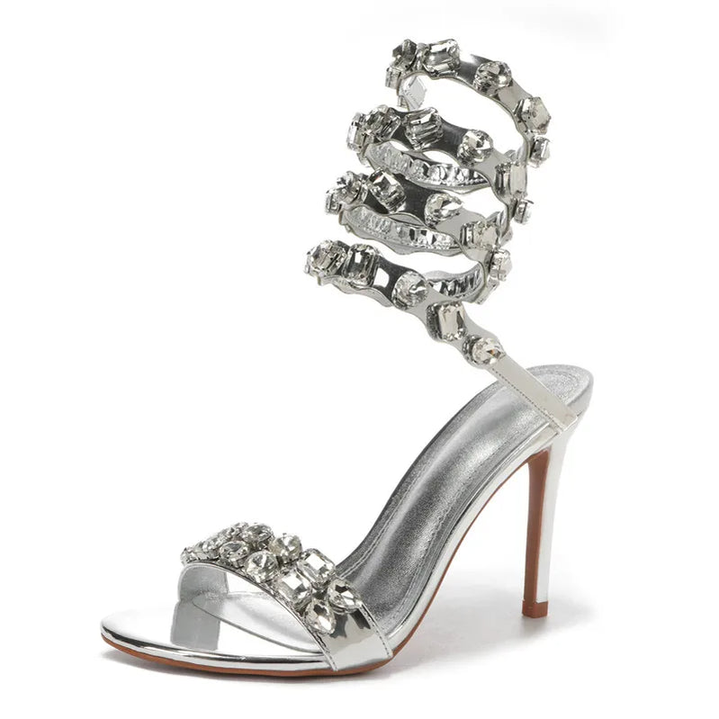 Luxury Crystal Embellished Wraparound Women Sandals Stiletto High heels Gladiator Sandals Summer Wedding Prom Shoes Silver