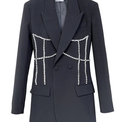 Fashion Trend Jacket Diamond Pattern Lapel Double-breasted Waist Mid-length Blazer Women coat
