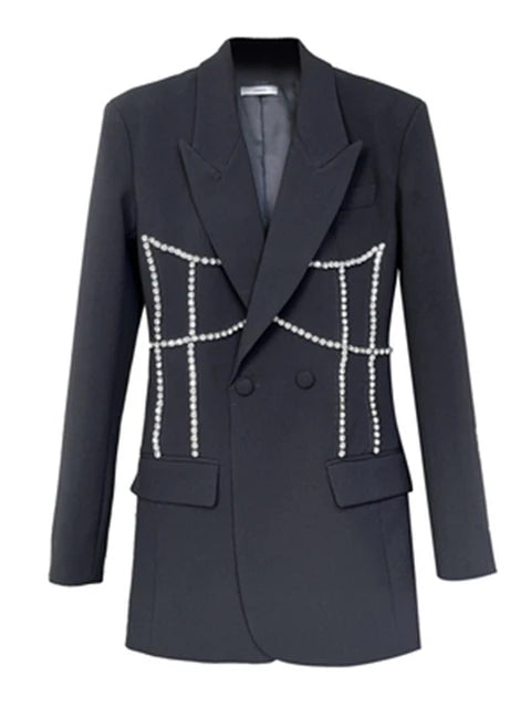 Fashion Trend Jacket Diamond Pattern Lapel Double-breasted Waist Mid-length Blazer Women coat