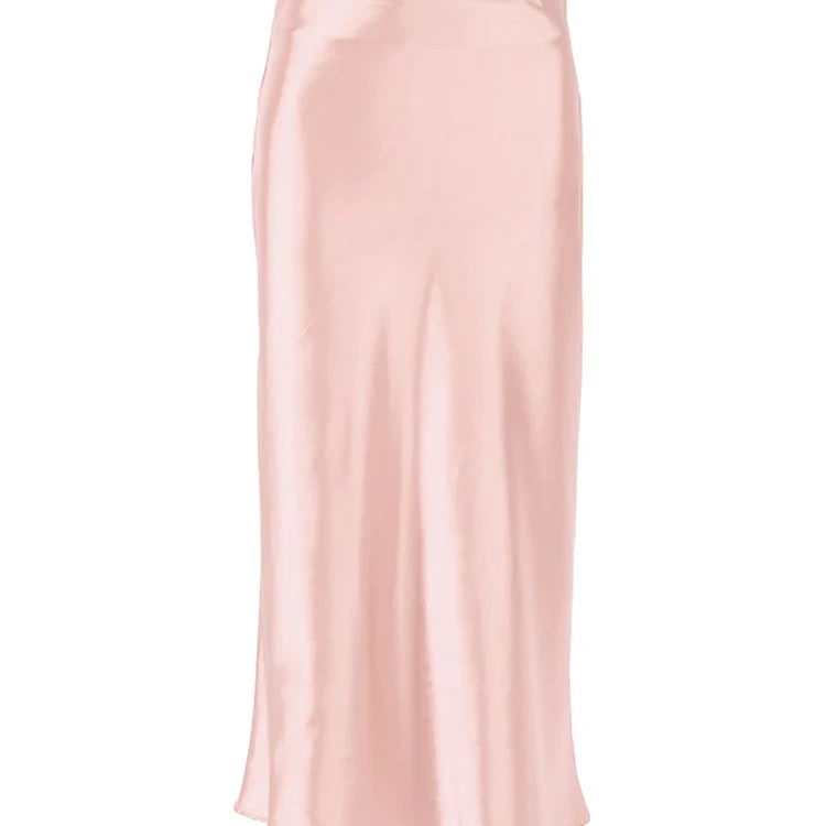 Mnealways18 Solid Purple Satin Silk Skirt Women High Waisted Summer Long Skirt New Elegant Ladies Office Skirts Midi Spring Nude Pink
