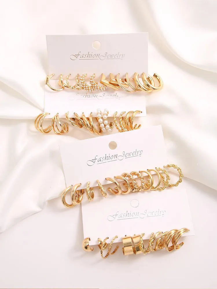 Gold Color Vintage Hoop Earrings Set for Women Boho Metal Circle Geometric Twist Pearl Dangle Earrings Trendy Jewelry Gifts