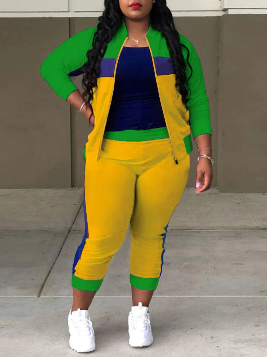 LW Plus Size Zipper Design Patchwork Pants Set Women Color Block Mandarin Collar Tracksuits Long Sleeve Two Pieces Outfits