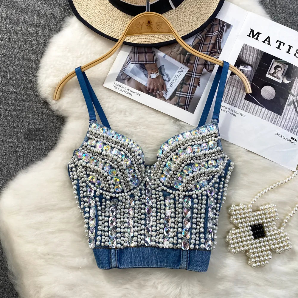 Women Summer Denim Camisole Corset Top Build In Bra Crystal Diamonds Pearl Luxury Jeans Tops High Street Club Party Nightwears - Basso & Brooke