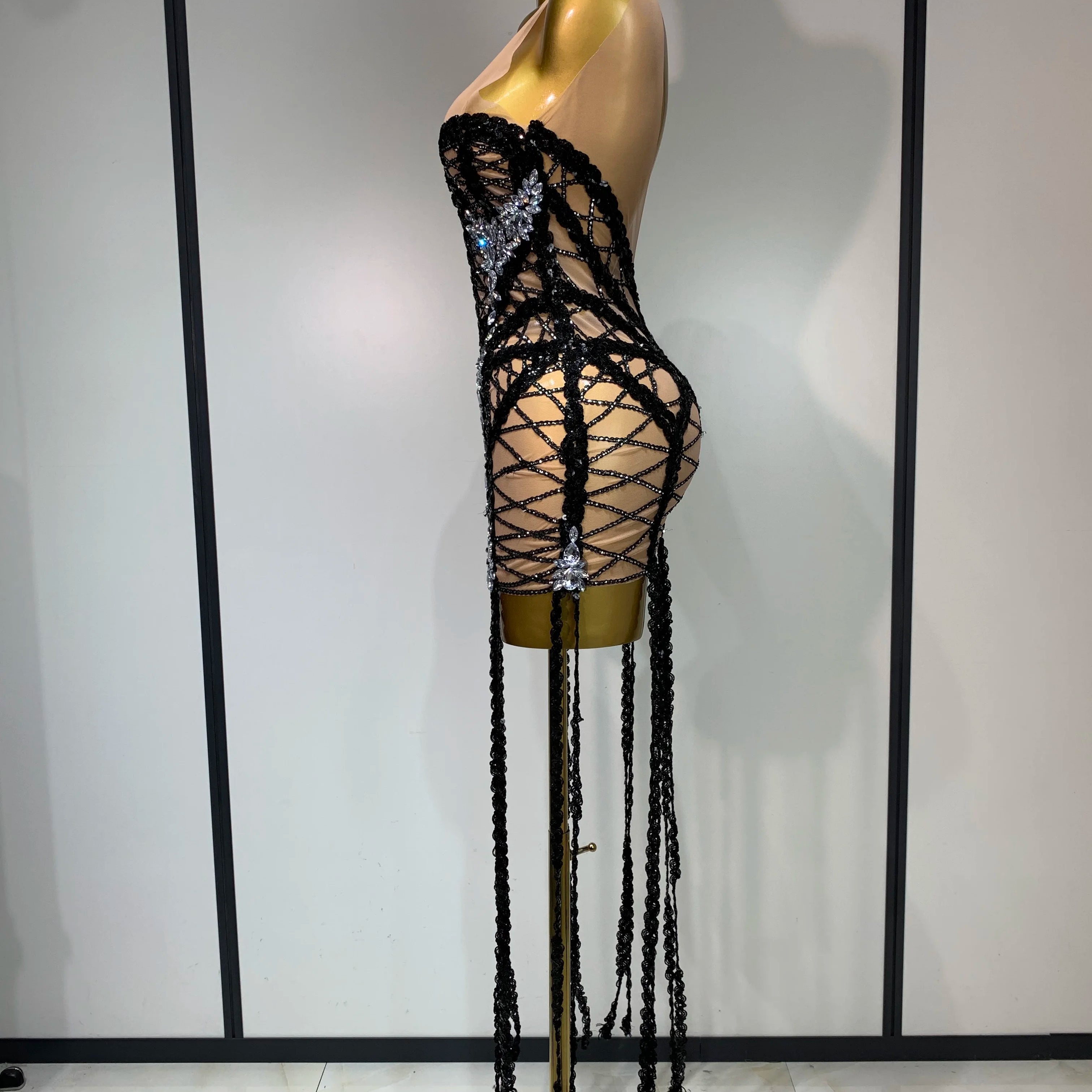 Luxury Birthday Sparkle Sequins Diamonds Long Tassel Sleeveless Mini Dress Women Red Carpet Goddess Stage Performance Costume