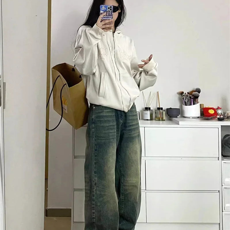 Autumn Winter New Ladies Baggy Jeans American High Street Wide Leg Women's Jeans Note Embroidery Women Pants High Waist Blue