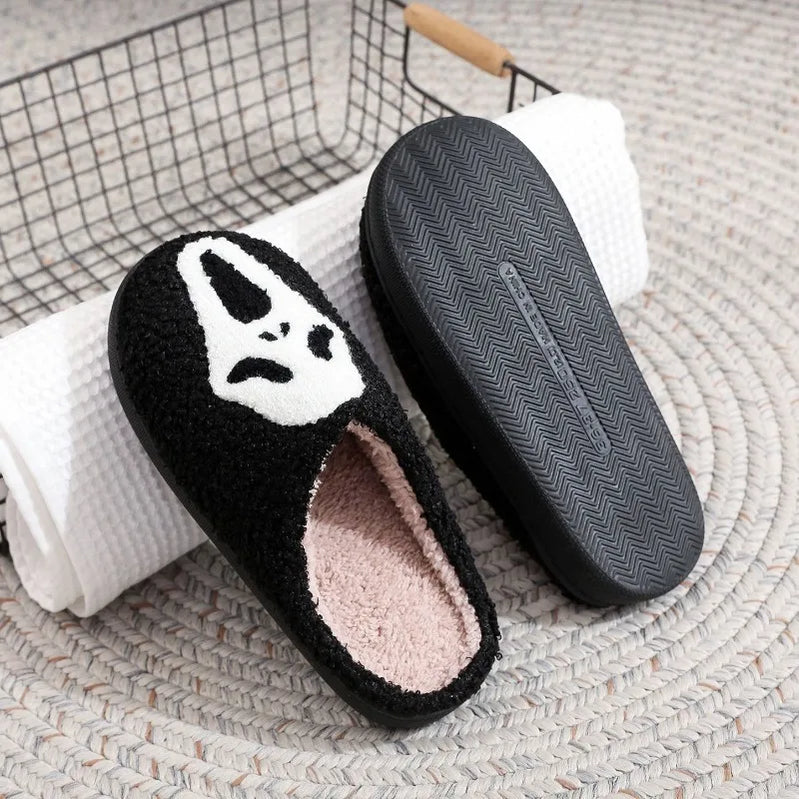 Winter Warm Plush Slippers Women's Halloween Black Ghostface Home Cotten Slippers Men Flip Flops Indoor Floor Slippers Gifts