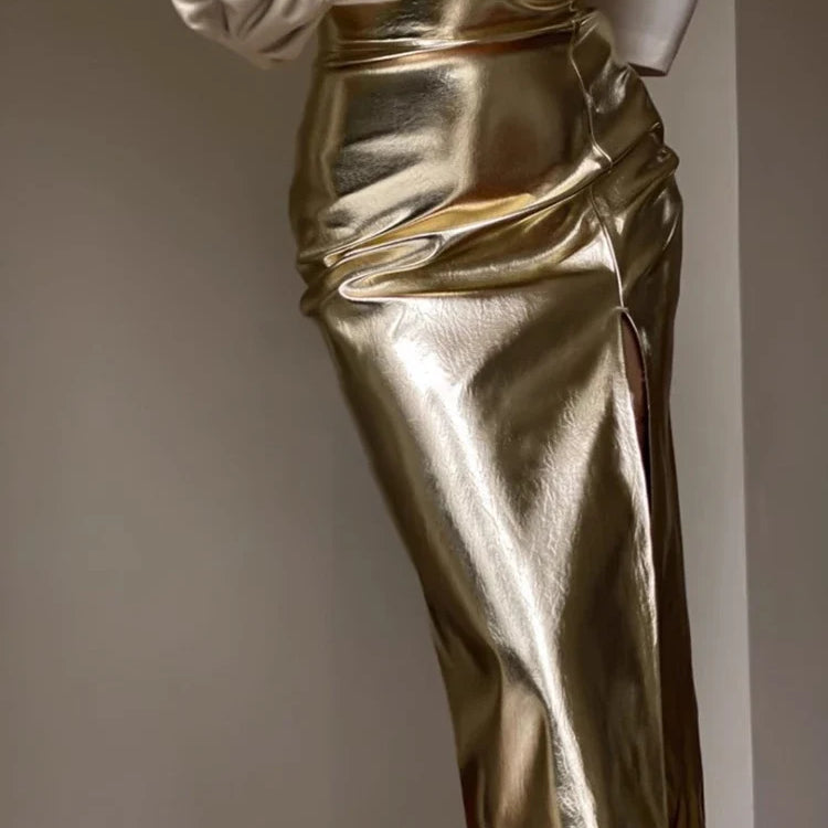 Spring Autumn Shiny Black Silver Golden Pu Leather Skirt Women Front Slit High Waist Long Luxury Designer Clothes 2023